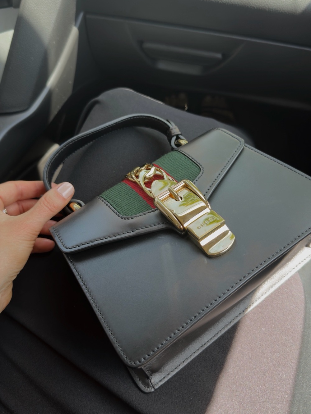 Gucci Black Leather Mini Sylvie Web Top Handle Bag